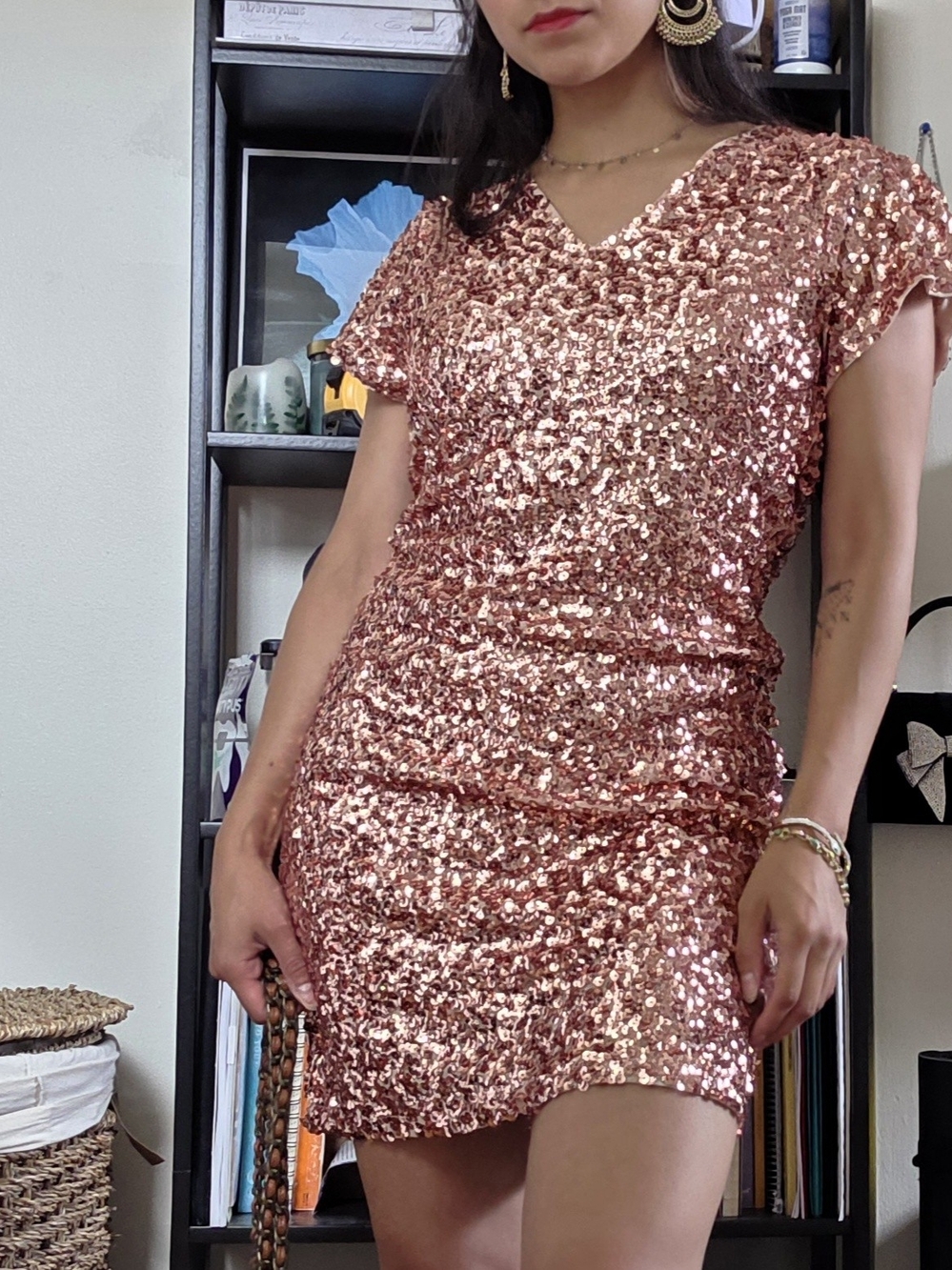 Sequin V-Neck Dress in Rose Gold